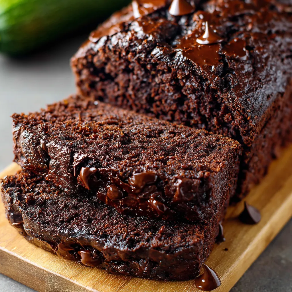 Sliced chocolate zucchini bread on a wooden cutting board with visible chocolate chips and zucchini flecks.