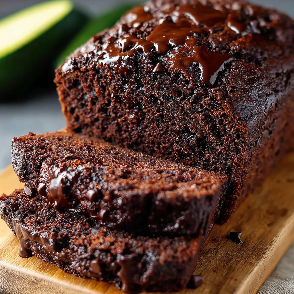 Sliced chocolate zucchini bread on a wooden cutting board with visible chocolate chips and zucchini flecks.