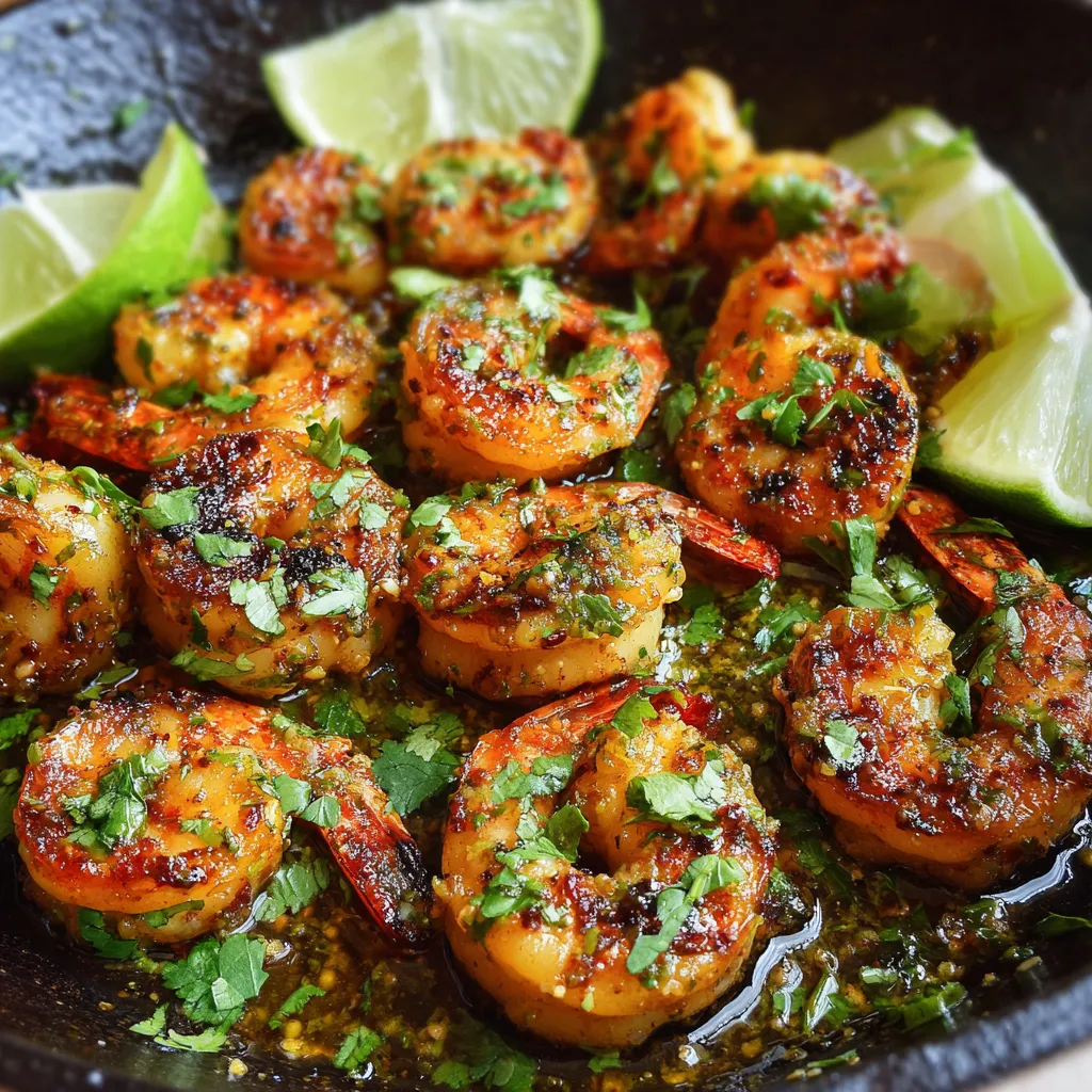 Skillet-cooked cilantro-lime shrimp garnished with fresh herbs and lime wedges