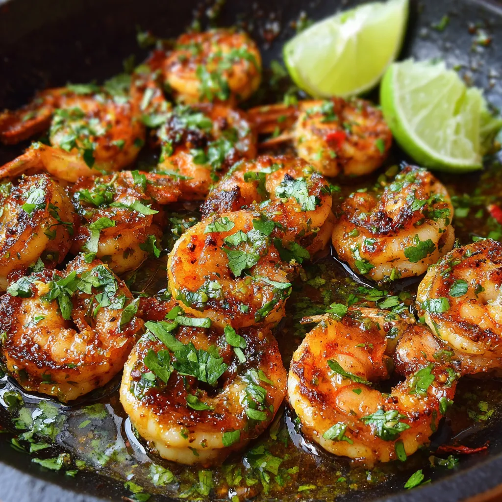Skillet-cooked cilantro-lime shrimp garnished with fresh herbs and lime wedges