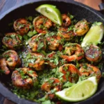 Skillet-cooked cilantro-lime shrimp garnished with fresh herbs and lime wedges