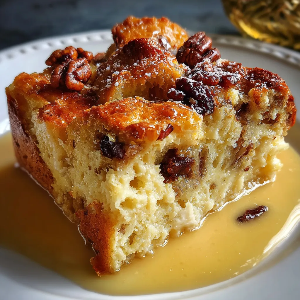 A serving of Classic New Orleans Bread Pudding with golden crust and bourbon sauce drizzle