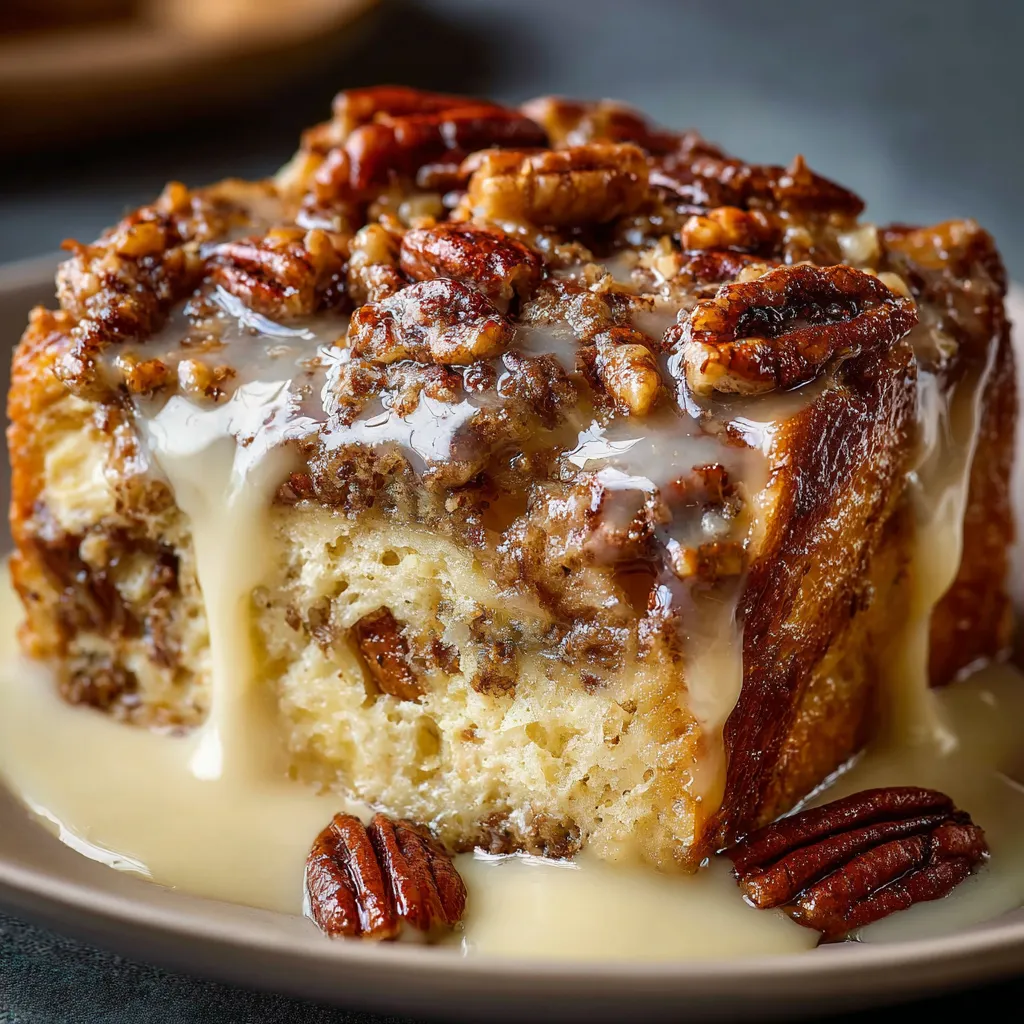A serving of Classic New Orleans Bread Pudding with golden crust and bourbon sauce drizzle