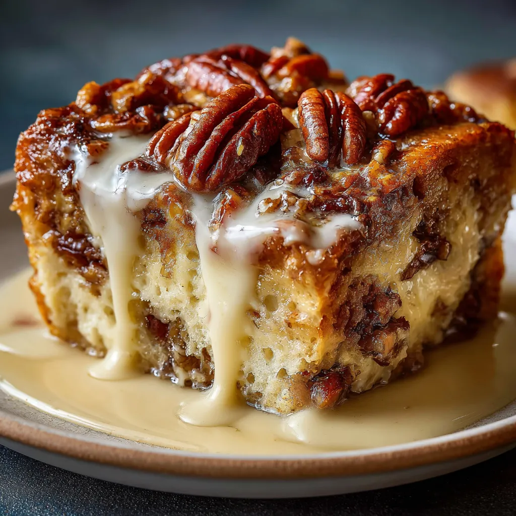 A serving of Classic New Orleans Bread Pudding with golden crust and bourbon sauce drizzle