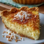 Slice of coconut custard pie on a plate with toasted coconut on top