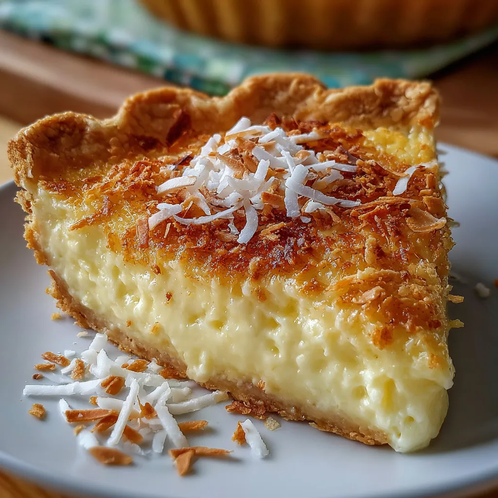 Slice of coconut custard pie on a plate with toasted coconut on top