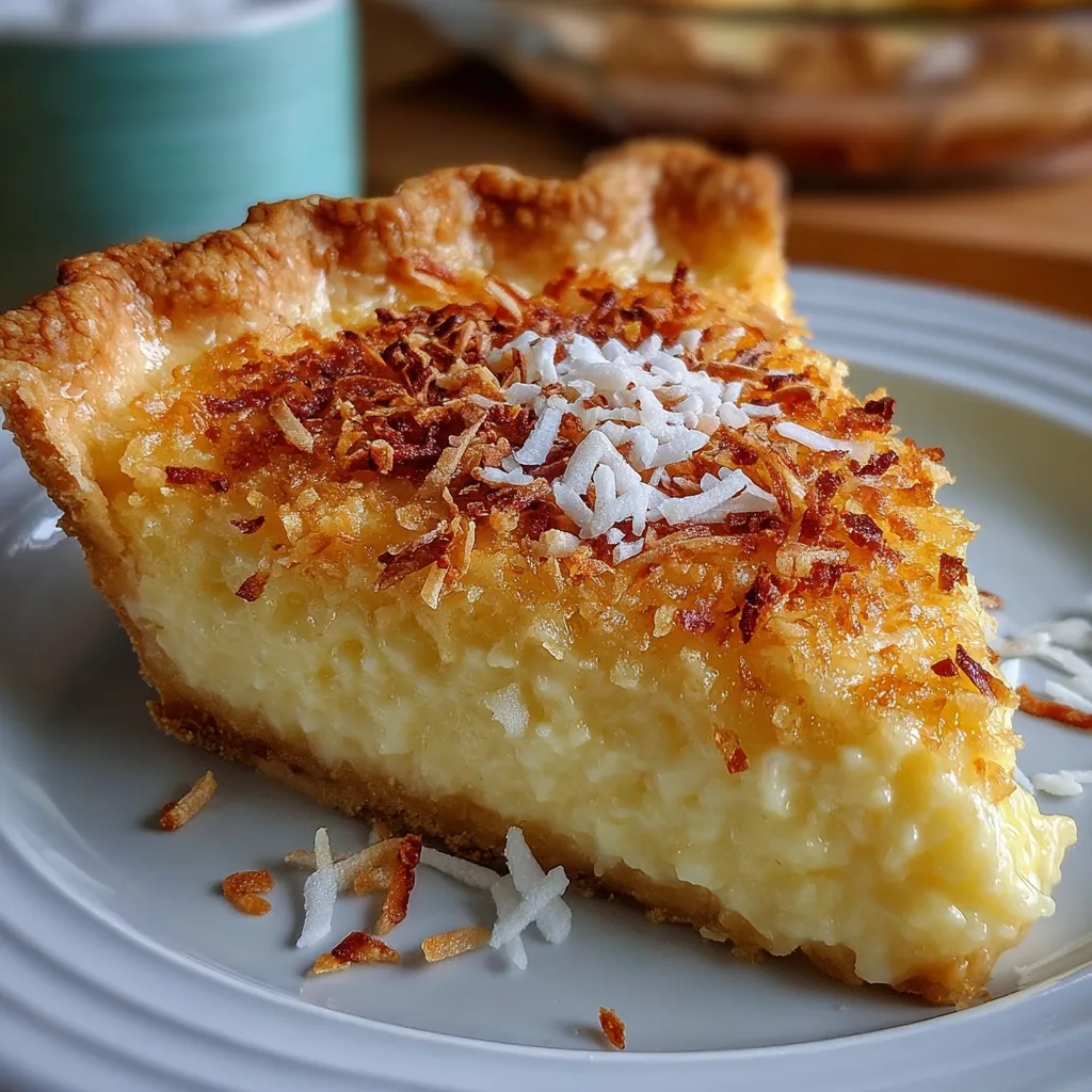 Slice of coconut custard pie on a plate with toasted coconut on top