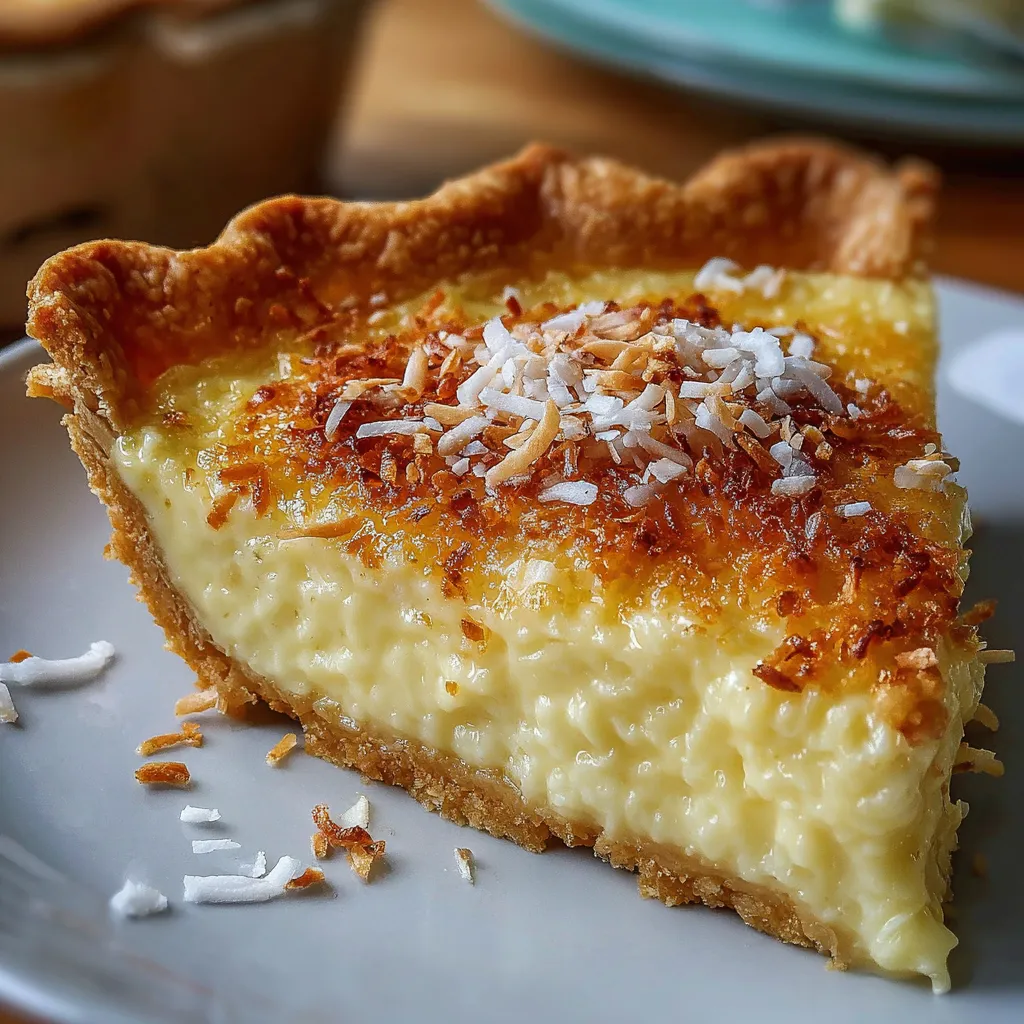 Slice of coconut custard pie on a plate with toasted coconut on top