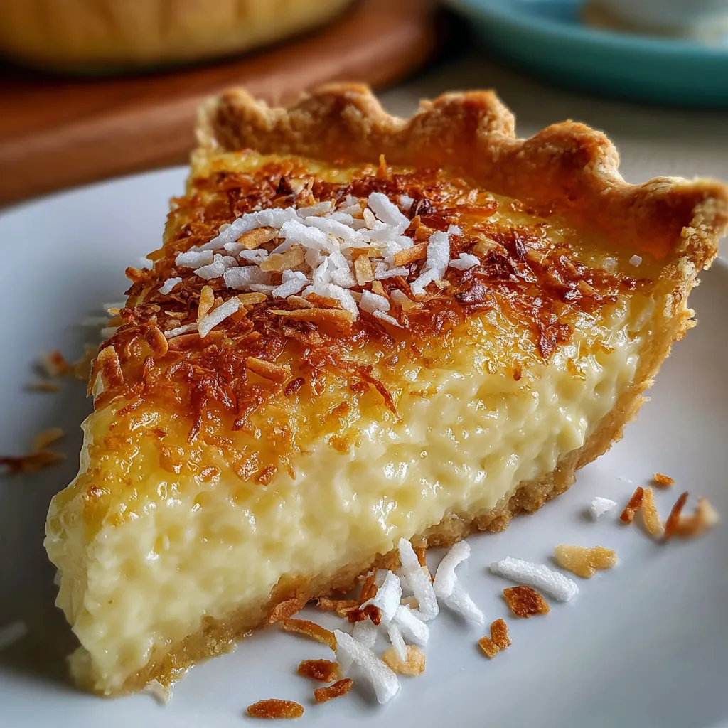 Slice of coconut custard pie on a plate with toasted coconut on top