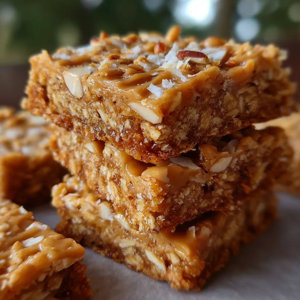 A golden, chewy Anzac biscuit slab cut into square bars on a parchment-lined board.