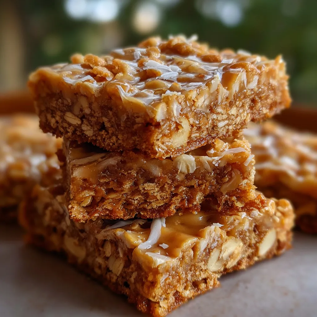 A golden, chewy Anzac biscuit slab cut into square bars on a parchment-lined board.
