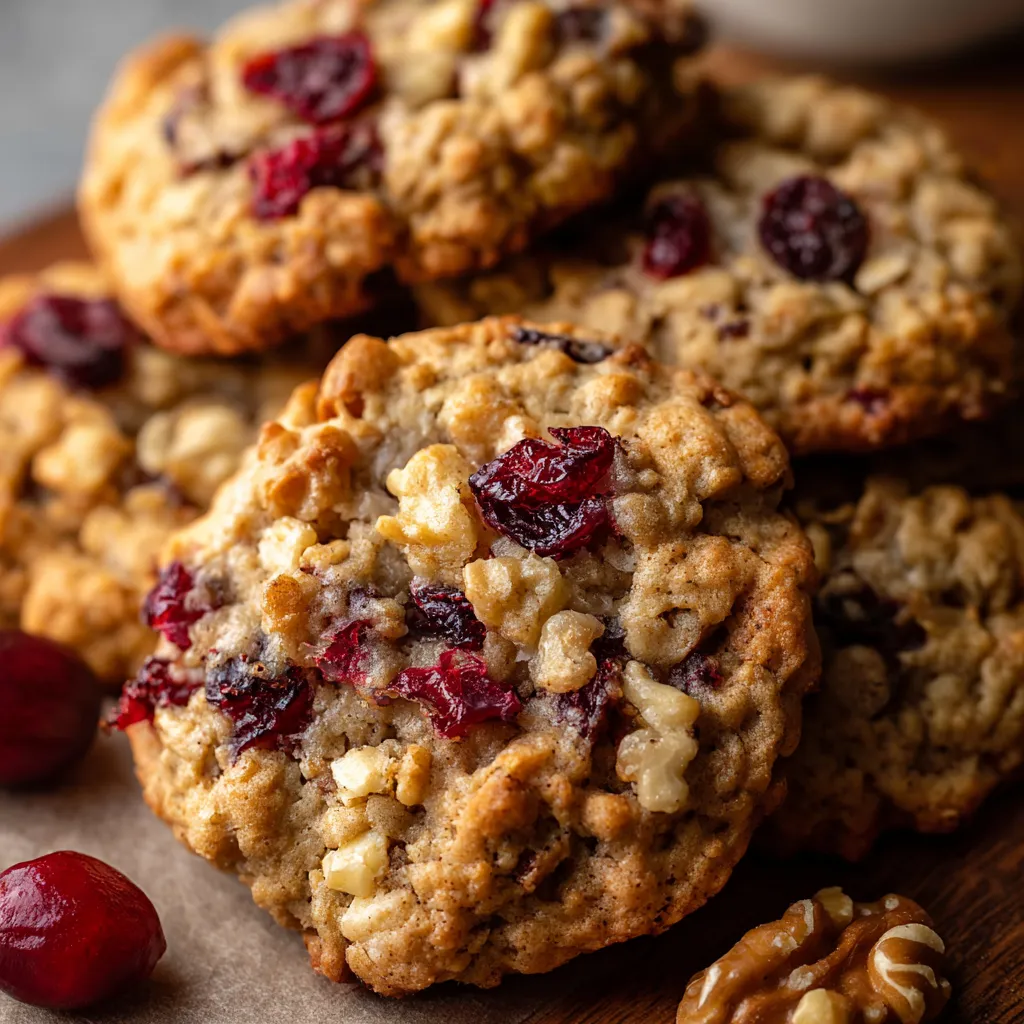 A stack of golden Cranberry Walnut Oatmeal Cookies with visible oats, cranberries, and nuts on a parchment-lined baking tray.