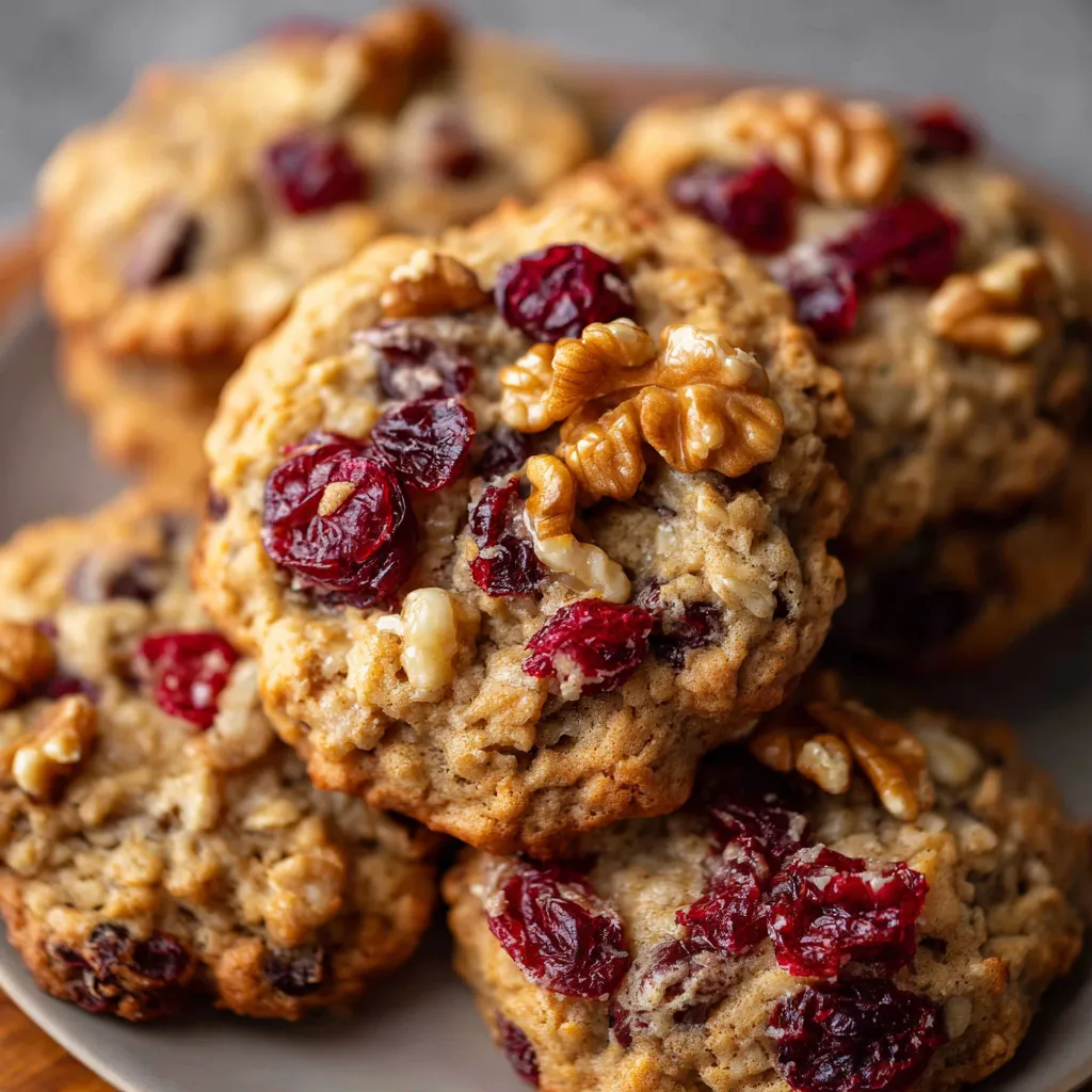 A stack of golden Cranberry Walnut Oatmeal Cookies with visible oats, cranberries, and nuts on a parchment-lined baking tray.