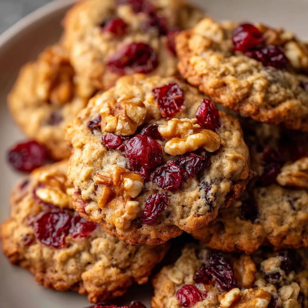 A stack of golden Cranberry Walnut Oatmeal Cookies with visible oats, cranberries, and nuts on a parchment-lined baking tray.