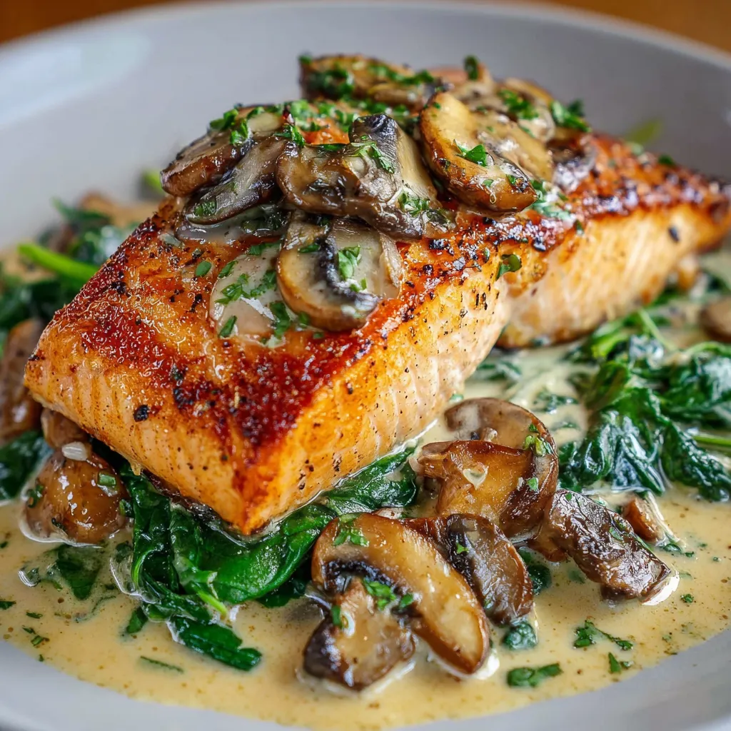 Seared salmon fillets in creamy garlic butter sauce with mushrooms and spinach in a skillet