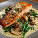 Seared salmon fillets in creamy garlic butter sauce with mushrooms and spinach in a skillet