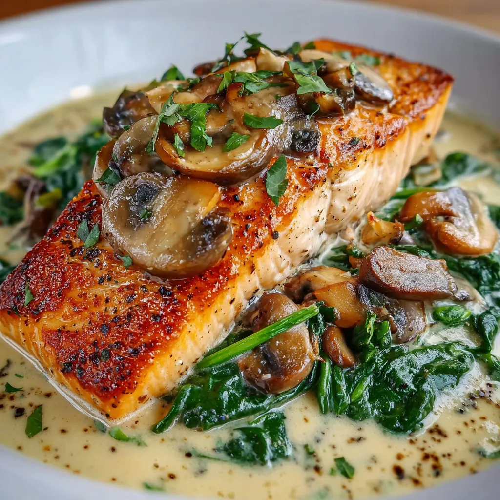 Seared salmon fillets in creamy garlic butter sauce with mushrooms and spinach in a skillet