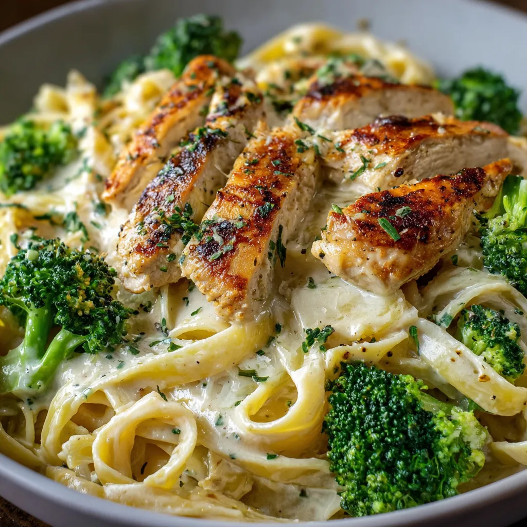 Creamy garlic chicken Alfredo pasta with broccoli and fettuccine served in a white bowl