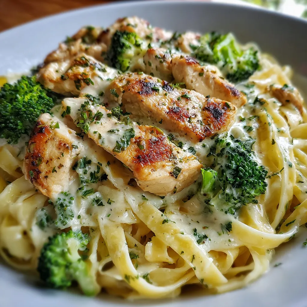 Creamy garlic chicken Alfredo pasta with broccoli and fettuccine served in a white bowl