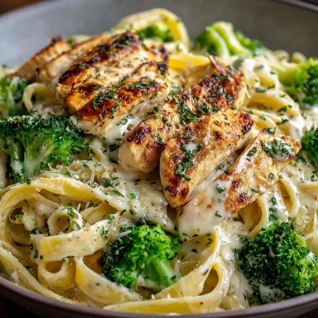 Creamy garlic chicken Alfredo pasta with broccoli and fettuccine served in a white bowl