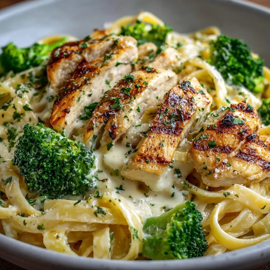 Creamy garlic chicken Alfredo pasta with broccoli and fettuccine served in a white bowl
