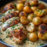 Creamy garlic chicken in a skillet with roasted baby potatoes on the side