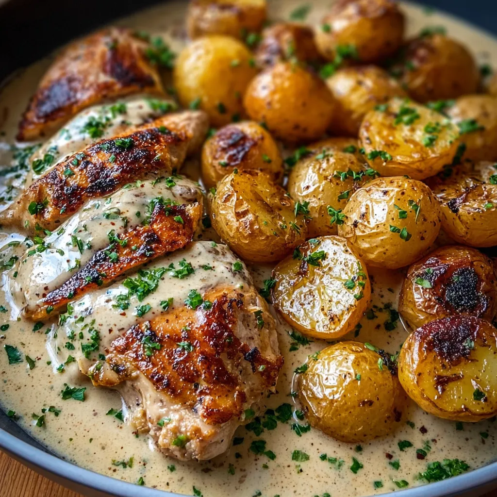 Creamy garlic chicken in a skillet with roasted baby potatoes on the side