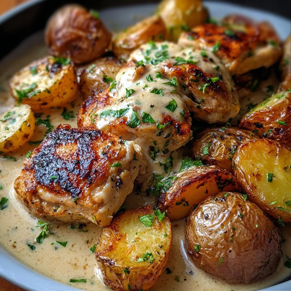 Creamy garlic chicken in a skillet with roasted baby potatoes on the side