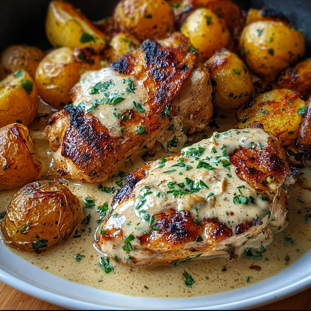 Creamy garlic chicken in a skillet with roasted baby potatoes on the side