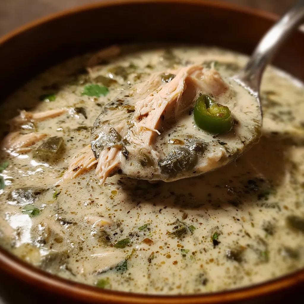 Creamy poblano chicken rellenos soup served in a white bowl with lime wedges and fresh cilantro on top
