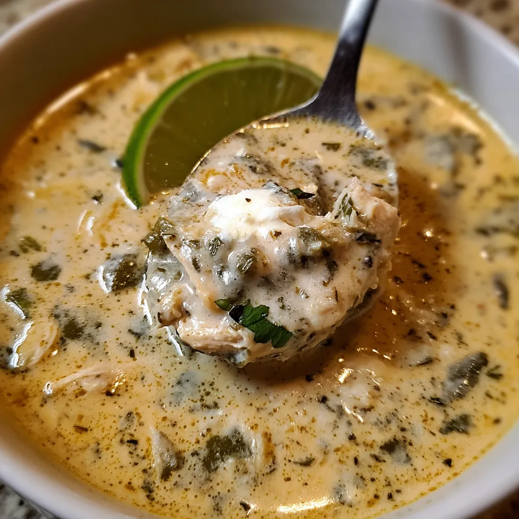 Creamy poblano chicken rellenos soup served in a white bowl with lime wedges and fresh cilantro on top