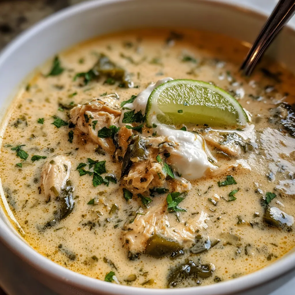 Creamy poblano chicken rellenos soup served in a white bowl with lime wedges and fresh cilantro on top