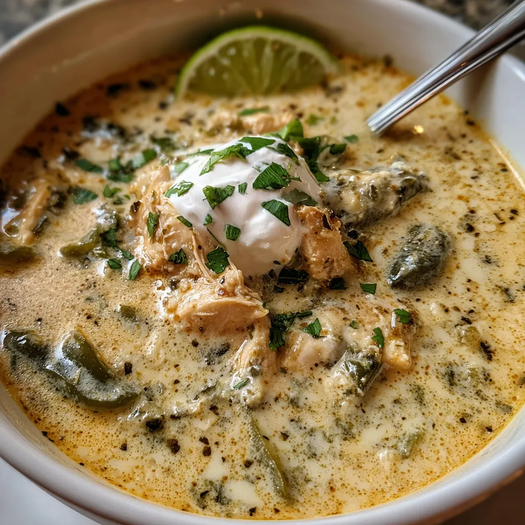 Creamy poblano chicken rellenos soup served in a white bowl with lime wedges and fresh cilantro on top