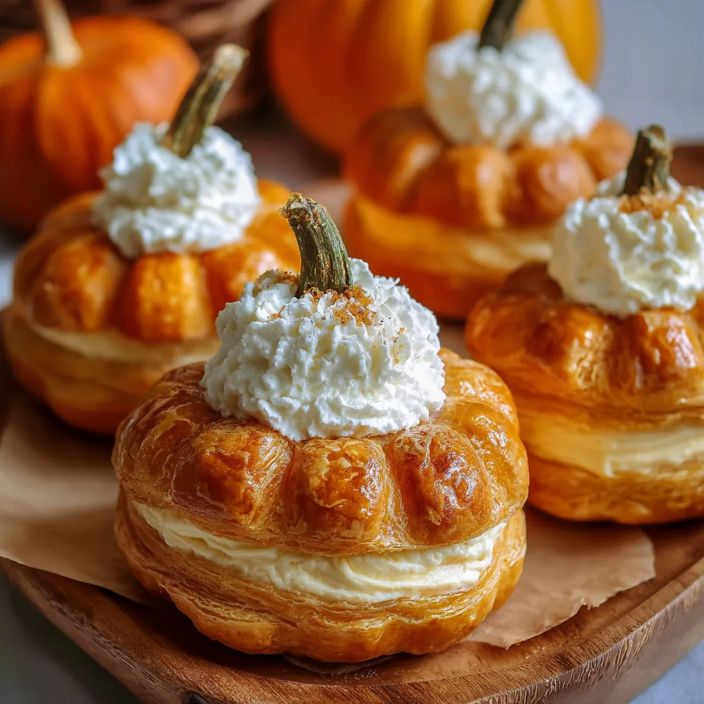 Mini crescent pumpkins filled with pumpkin cream cheese, golden baked and topped with pretzel stick stems.