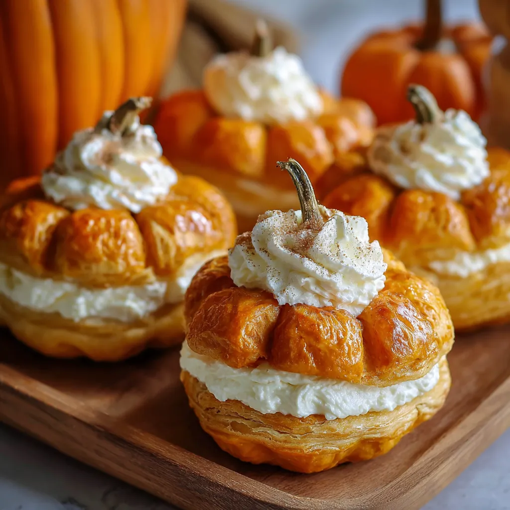 Mini crescent pumpkins filled with pumpkin cream cheese, golden baked and topped with pretzel stick stems.