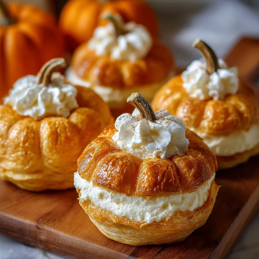 Mini crescent pumpkins filled with pumpkin cream cheese, golden baked and topped with pretzel stick stems.