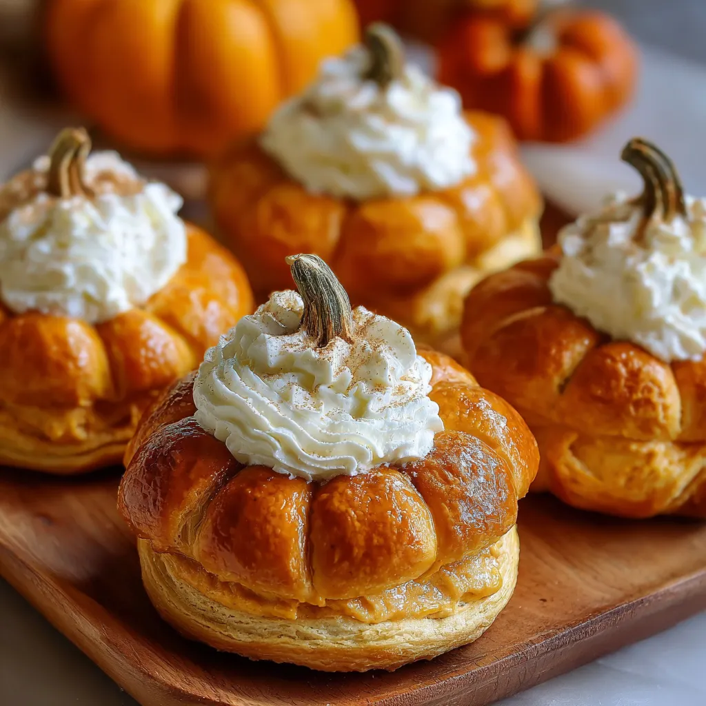Mini crescent pumpkins filled with pumpkin cream cheese, golden baked and topped with pretzel stick stems.