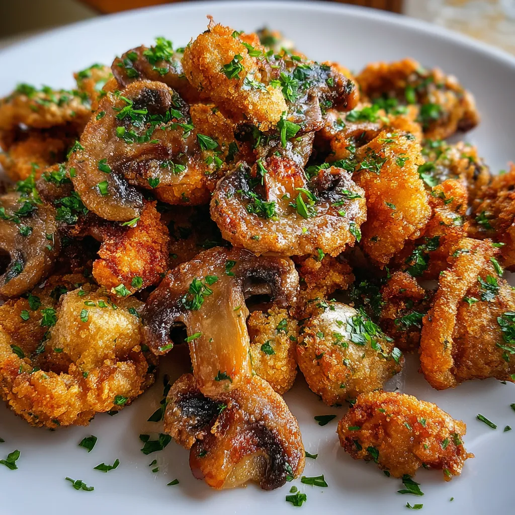 Crispy golden fried mushrooms served with dipping sauce on a plate