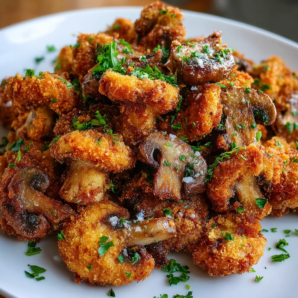 Crispy golden fried mushrooms served with dipping sauce on a plate