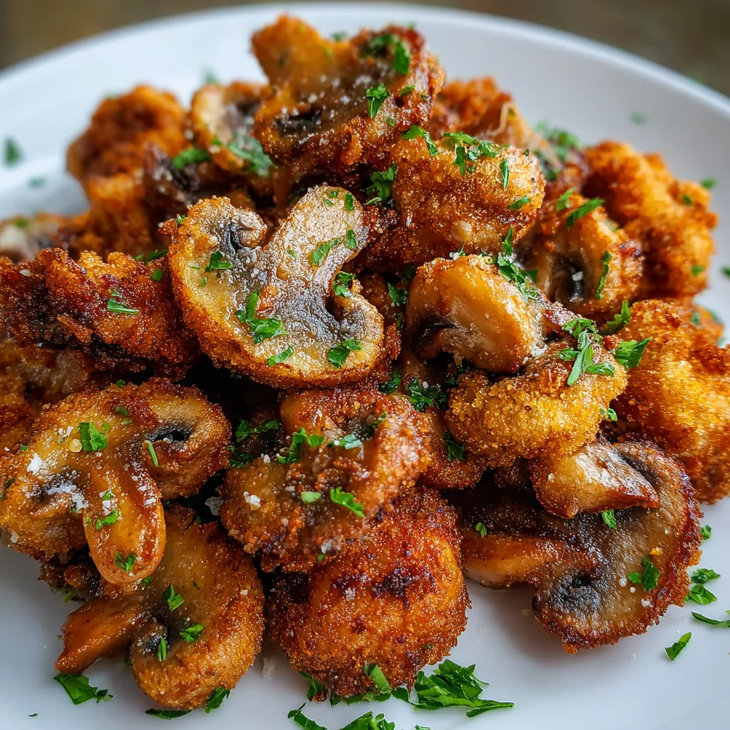 Crispy golden fried mushrooms served with dipping sauce on a plate