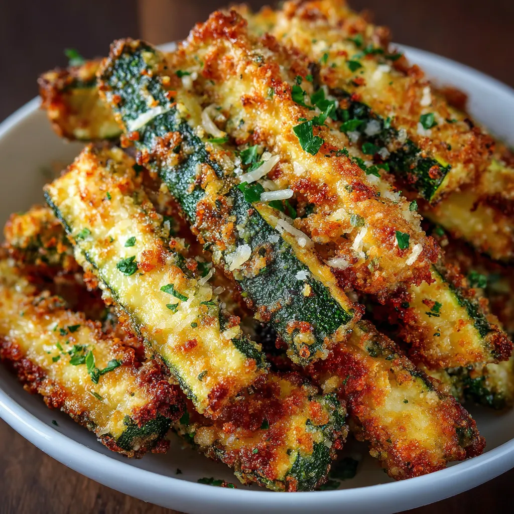 Crispy parmesan garlic zucchini fries baked on a parchment-lined sheet with golden coating