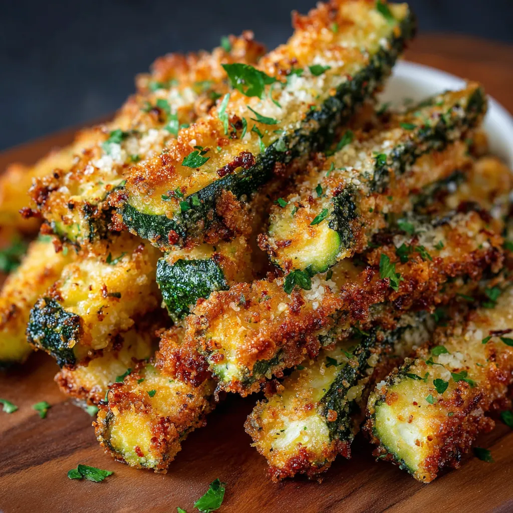 Crispy parmesan garlic zucchini fries baked on a parchment-lined sheet with golden coating