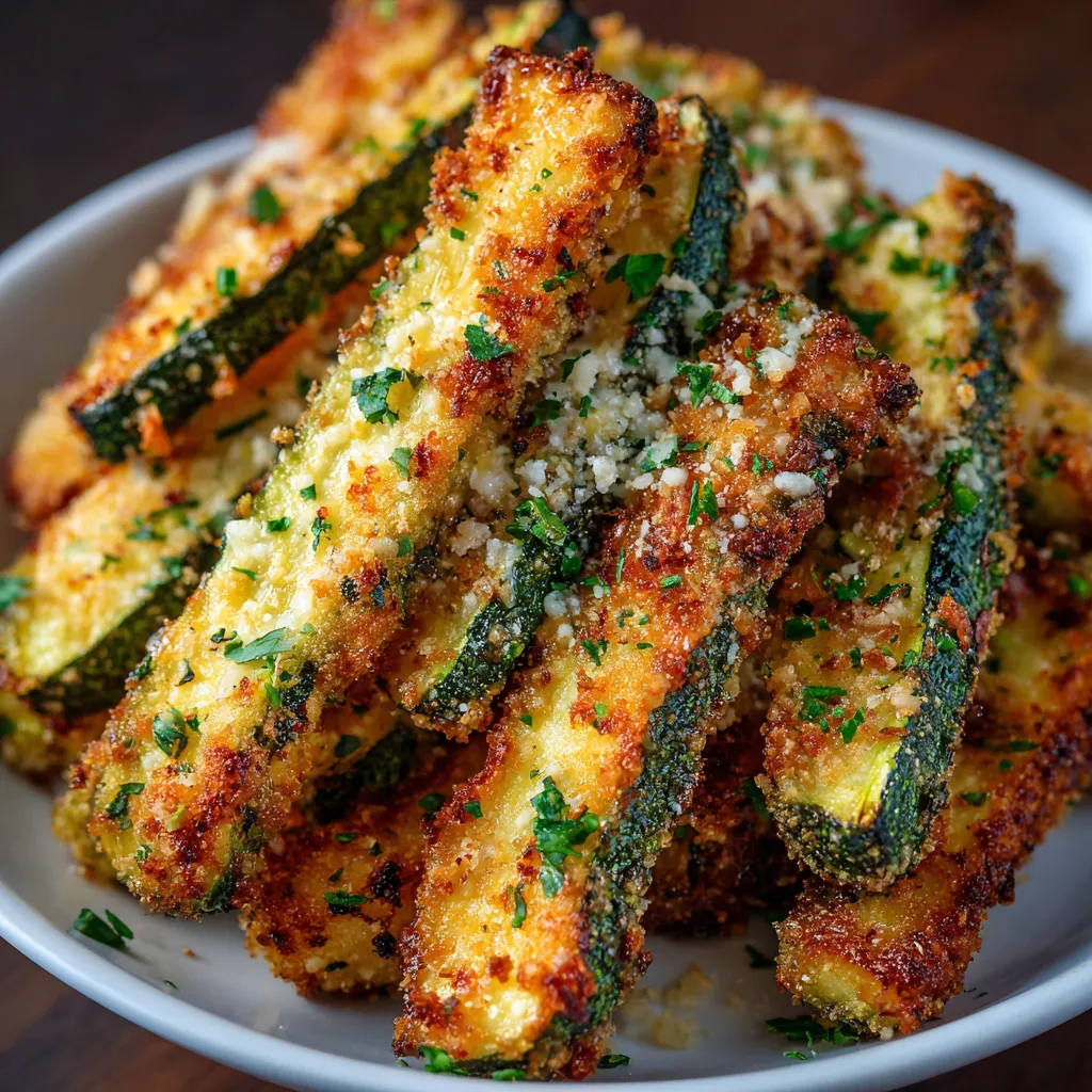 Crispy parmesan garlic zucchini fries baked on a parchment-lined sheet with golden coating