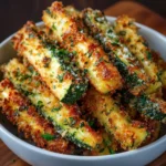 Crispy parmesan garlic zucchini fries baked on a parchment-lined sheet with golden coating