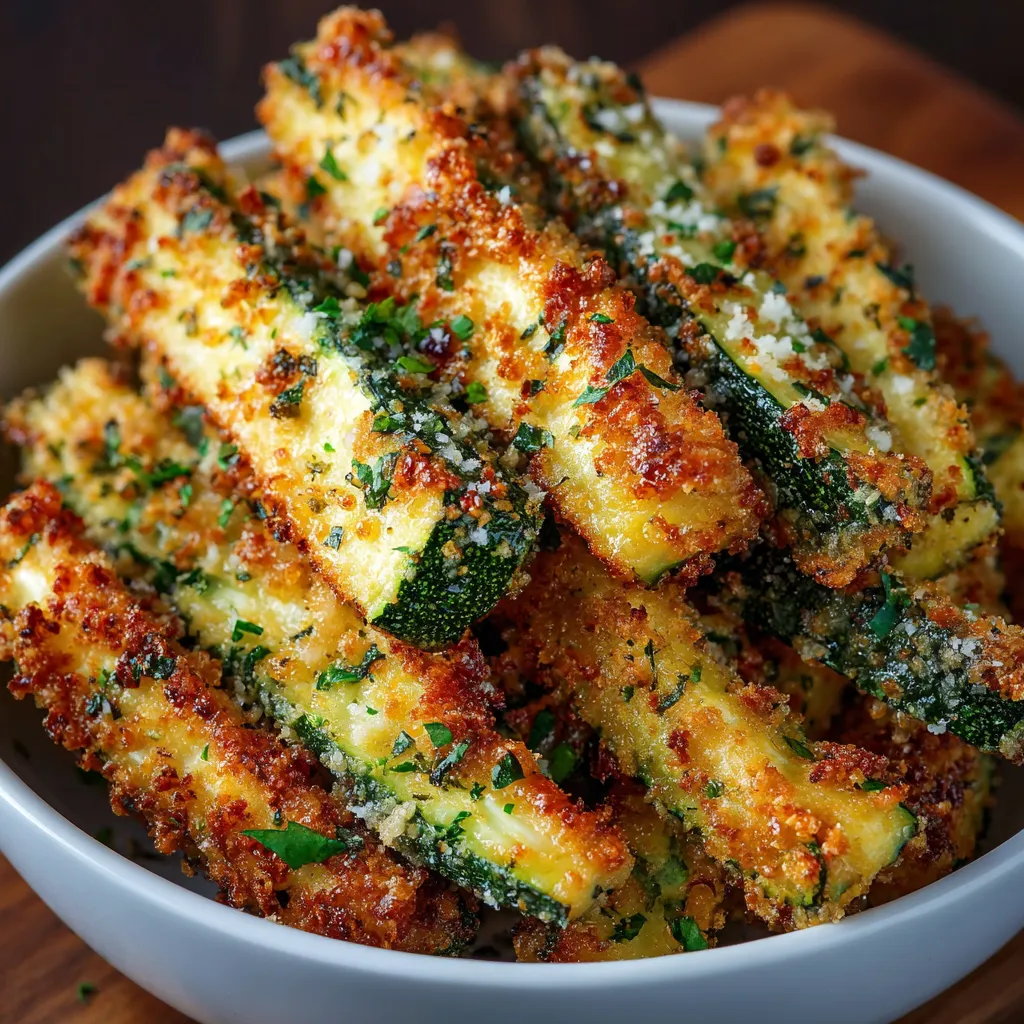 Crispy parmesan garlic zucchini fries baked on a parchment-lined sheet with golden coating