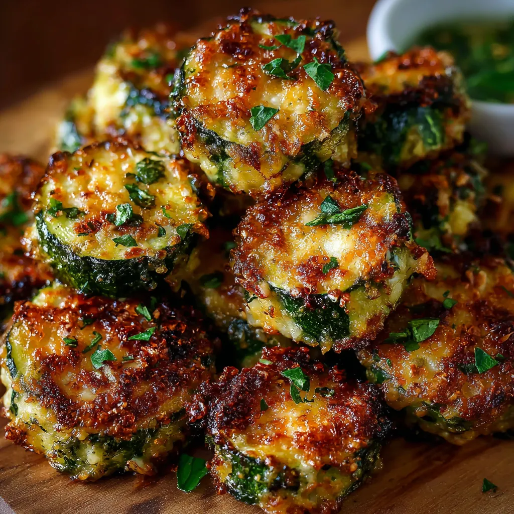 Golden brown crispy zucchini garlic bites served with dipping sauces on a plate.