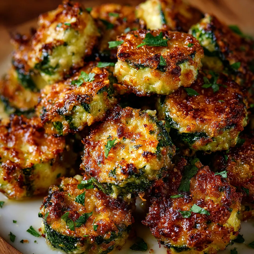 Golden brown crispy zucchini garlic bites served with dipping sauces on a plate.