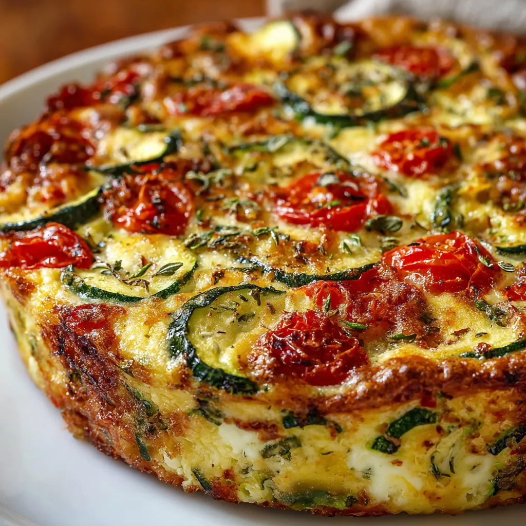 Crustless zucchini tomato quiche in a pie dish topped with sliced tomatoes and fresh basil