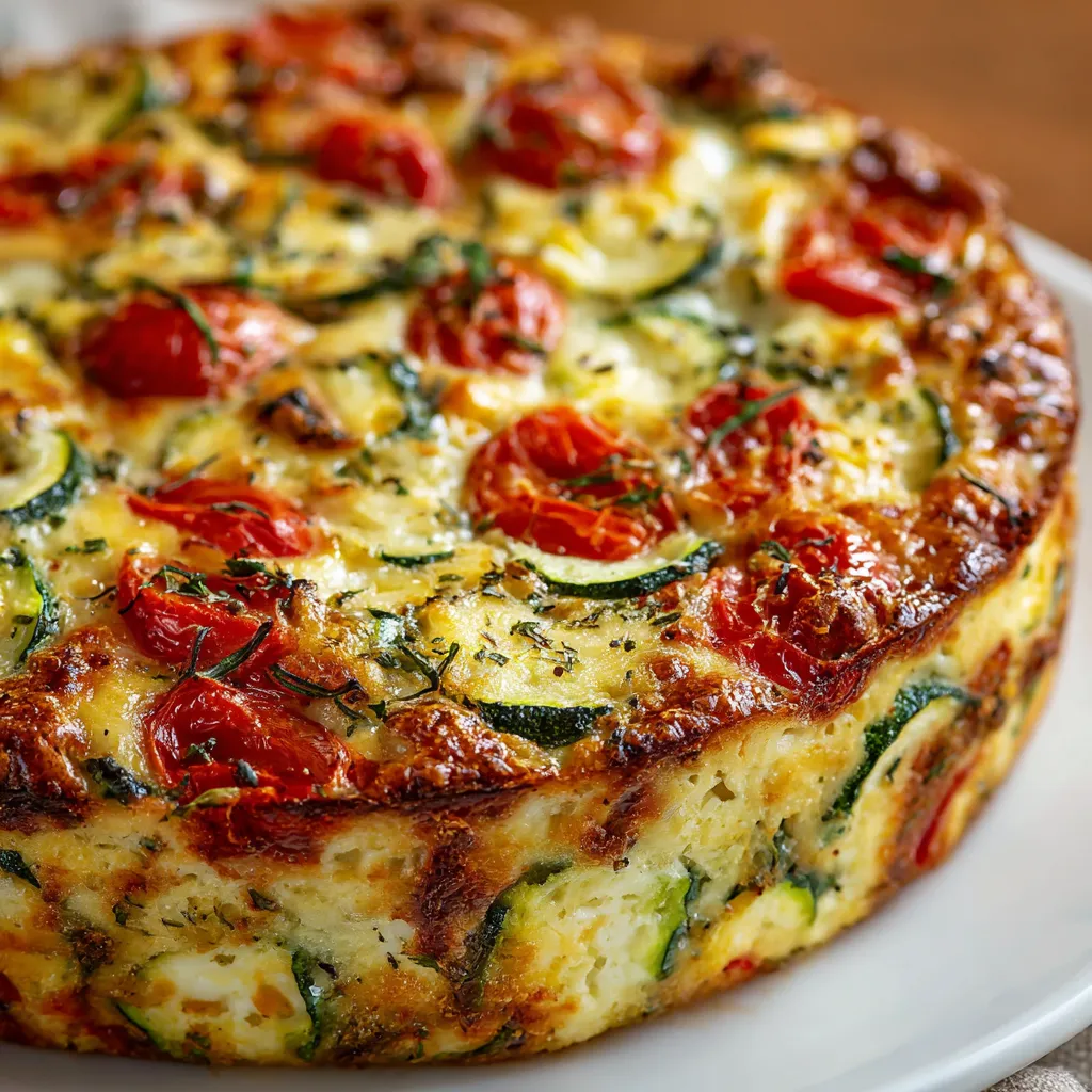 Crustless zucchini tomato quiche in a pie dish topped with sliced tomatoes and fresh basil