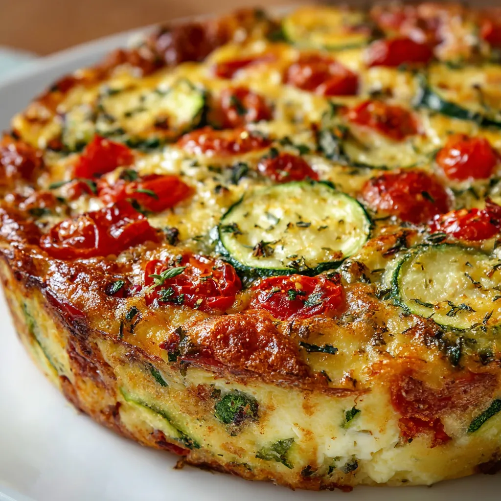 Crustless zucchini tomato quiche in a pie dish topped with sliced tomatoes and fresh basil